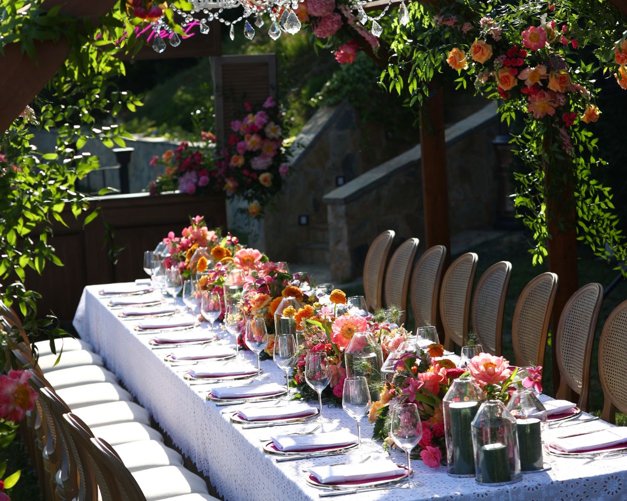 Outdoor dining table with flowers